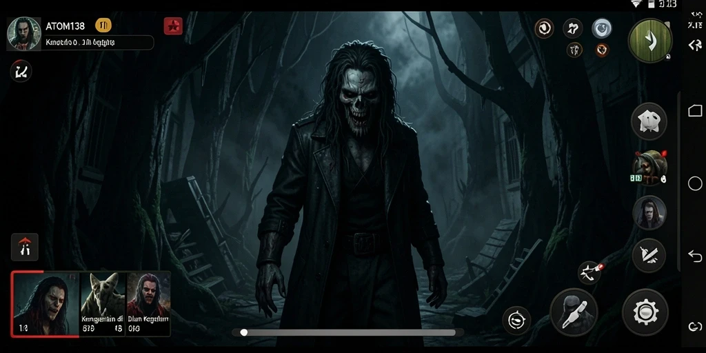 Screenshot gameplay ATOM138 menampilkan suasana menyeramkan dan karakter yang menakutkan.
