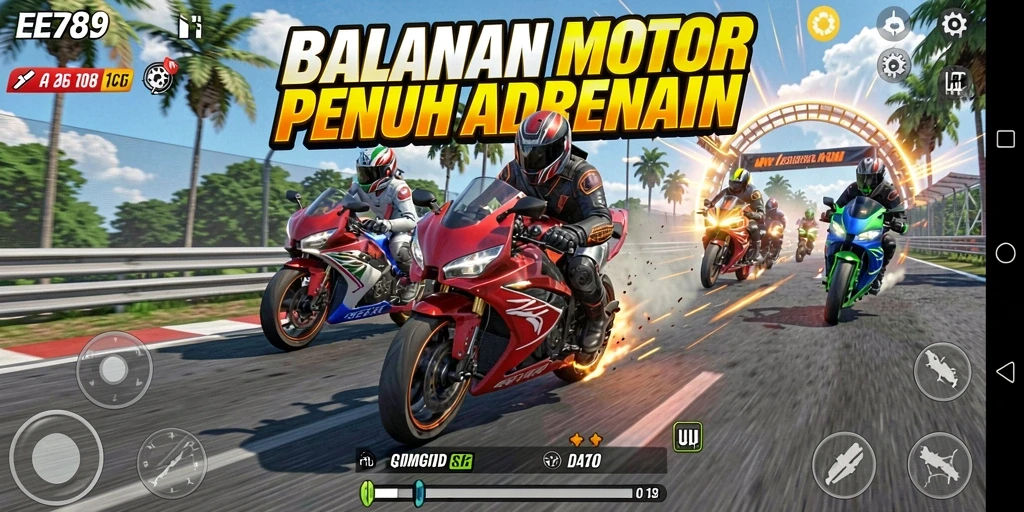 Tangkapan layar gameplay EE789 menunjukkan balapan motor yang mendebarkan.