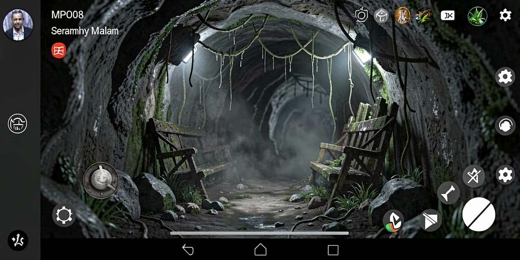 Tampilan gameplay MPO08 yang menegangkan di terowongan gelap.
