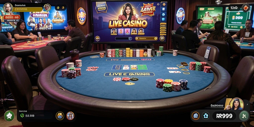 Screenshot gameplay Live Casino di RR999 menampilkan dealer langsung dan suasana kasino yang nyata.