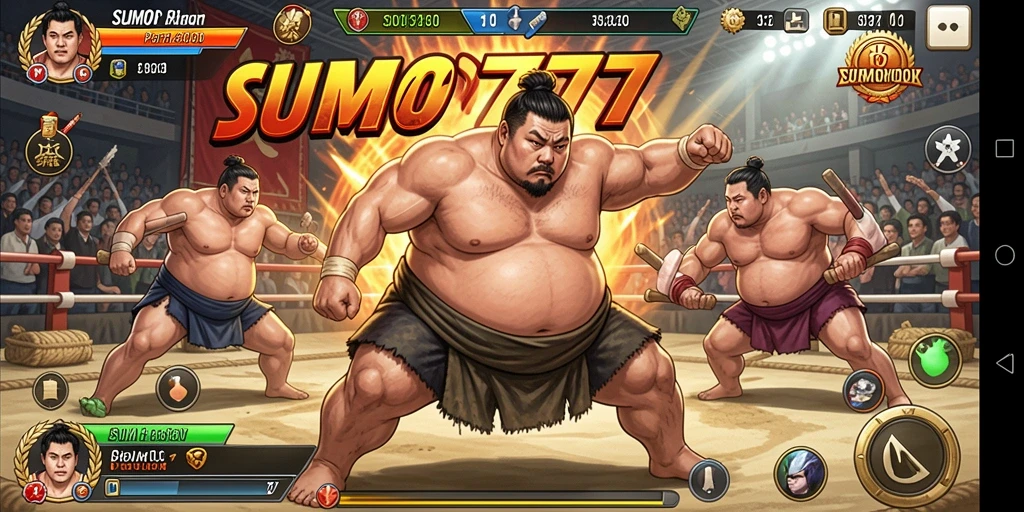 Tangkapan layar SUMO777 menunjukkan aksi seru pertarungan sumo.